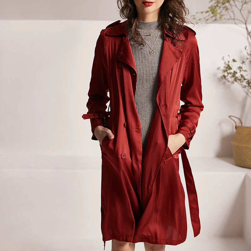 全织时代2025 重磅橡木红色真丝双排扣桑蚕丝缎面中长款风衣外套