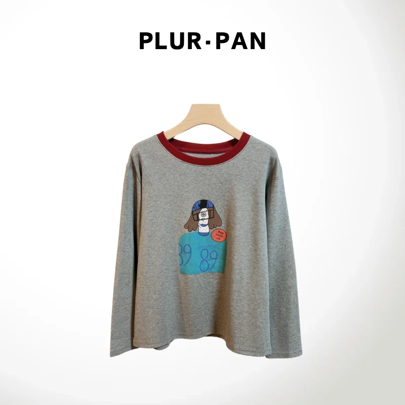 PLUR·PAN短发女生印花长袖打底上衣