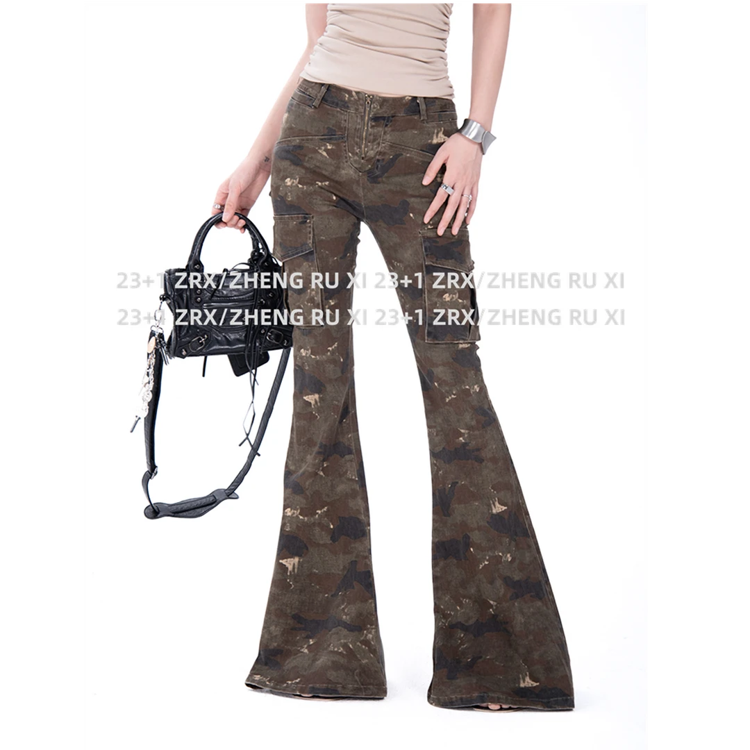 付新博女装迷彩休闲裤喇叭裤女复古美式辣妹工装微喇长裤13468