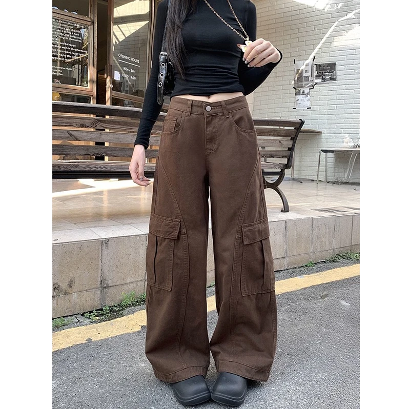 小个子美式复古咖色弯刀工装牛仔裤女高街辣妹宽松显瘦百搭阔腿裤