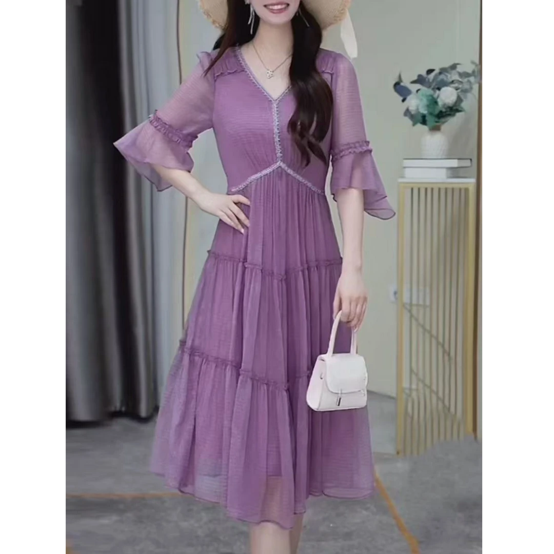 时尚洋气连衣裙2025夏季新款显瘦中长款气质妈妈遮肚裙子