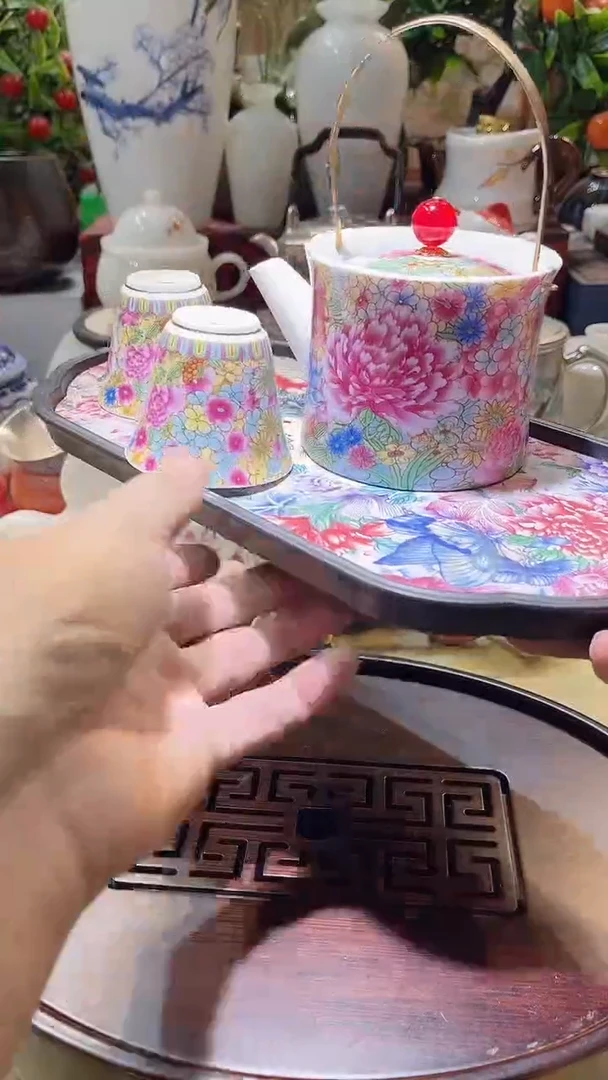 瓷片德艺茶器直播间@@粉提梁2杯+盘