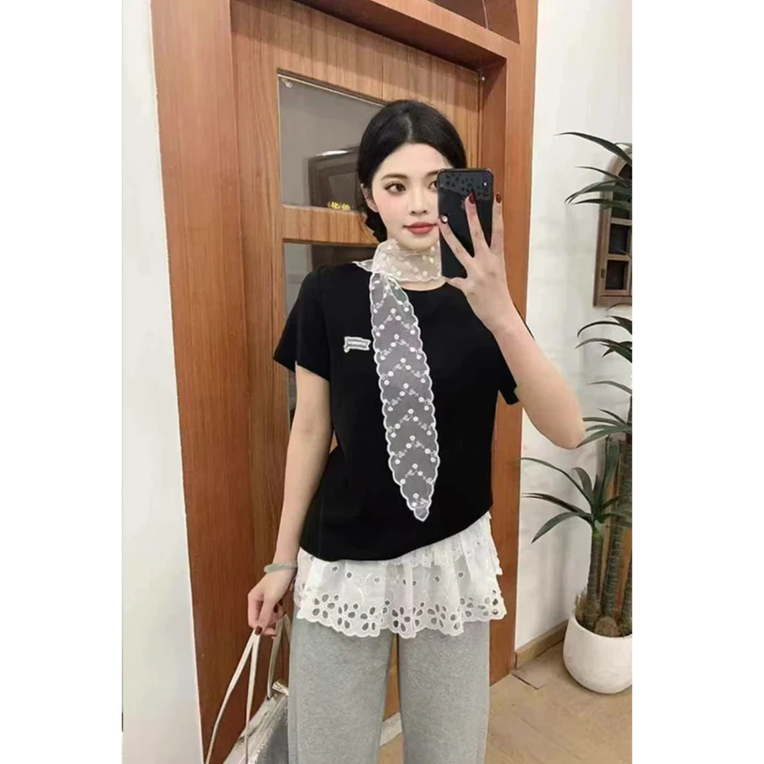 A284圆领短袖丝巾T恤女2025春季新款韩版时尚设计感小众洋气百搭