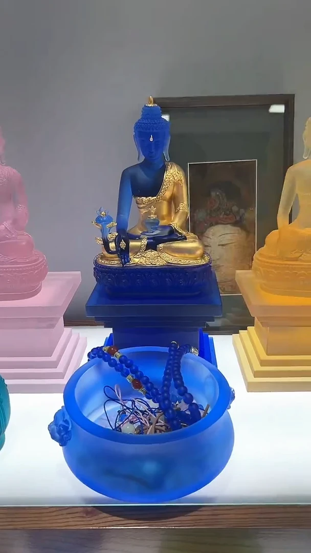 琉璃手工艺品21cm蓝色鎏金药师佛+金刚底座+手串