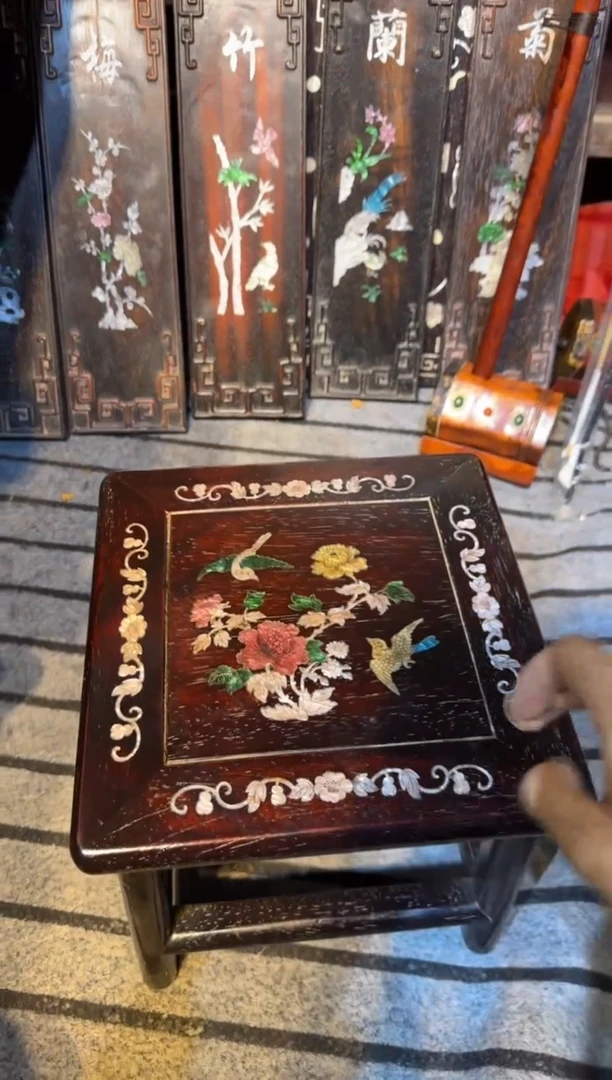 木紫檀富贵凳镶嵌彩贝花鸟花鸟