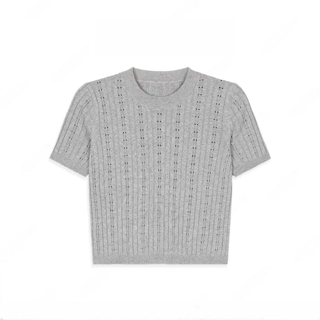 2025新款百搭简约小香风春秋季镂空气质圆领短袖针织上衣女H6-16