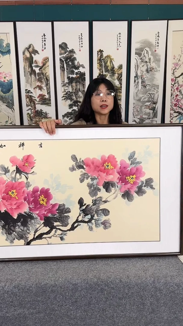 国画牡丹实木装裱63*123