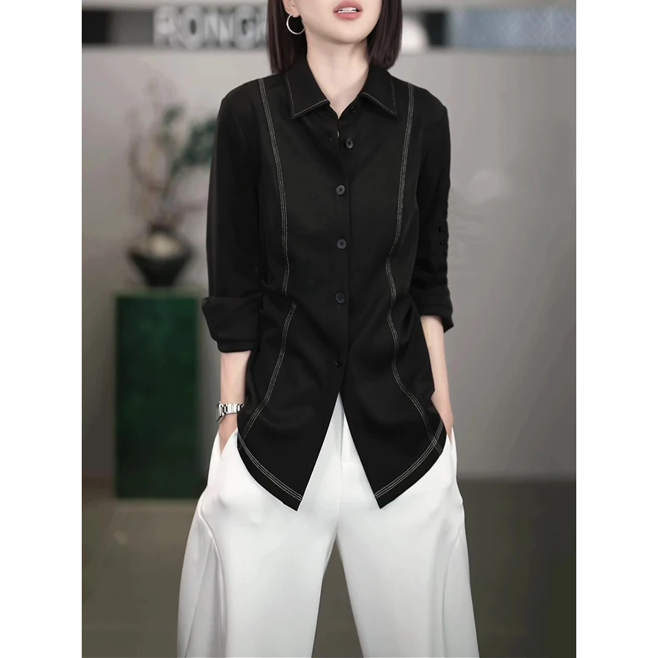 高级感时尚长袖衬衫女2025秋季新款韩版洋气修身显瘦百搭黑色衬衣