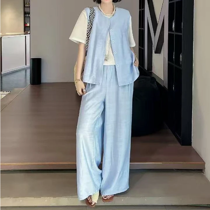 6622-C-三件套（马甲+半袖衫+阔腿裤}纯色撞色大码女装套装