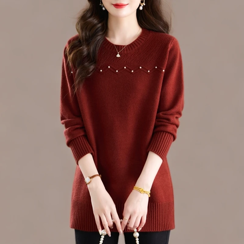 高级感气质钉珠毛衣女中长款秋冬新款韩版大码宽松加厚针织打底衫