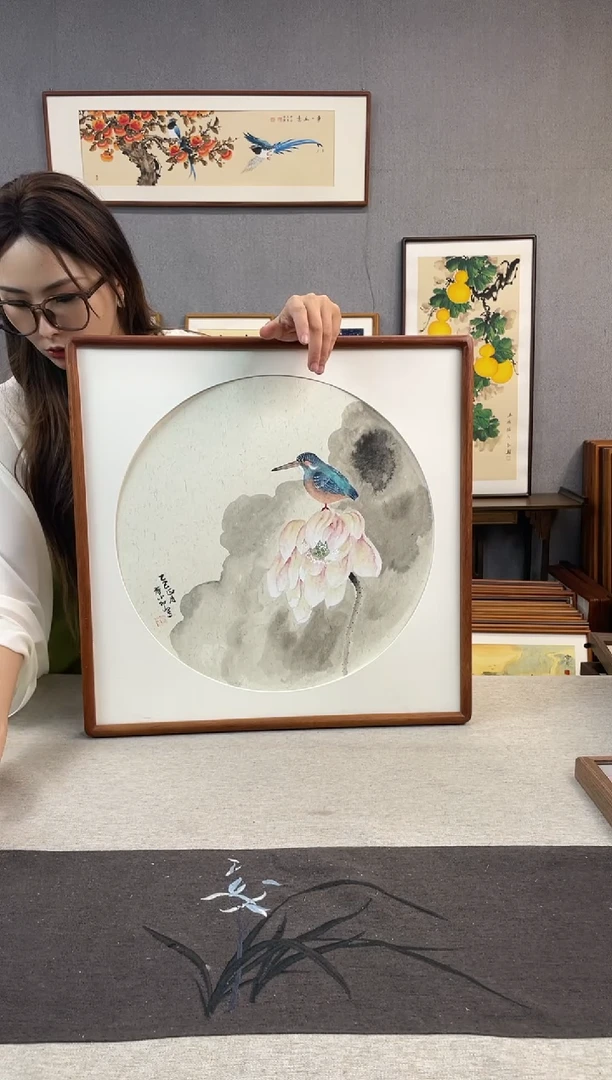 国画手写手绘带框作品-52*52-荷花翠鸟