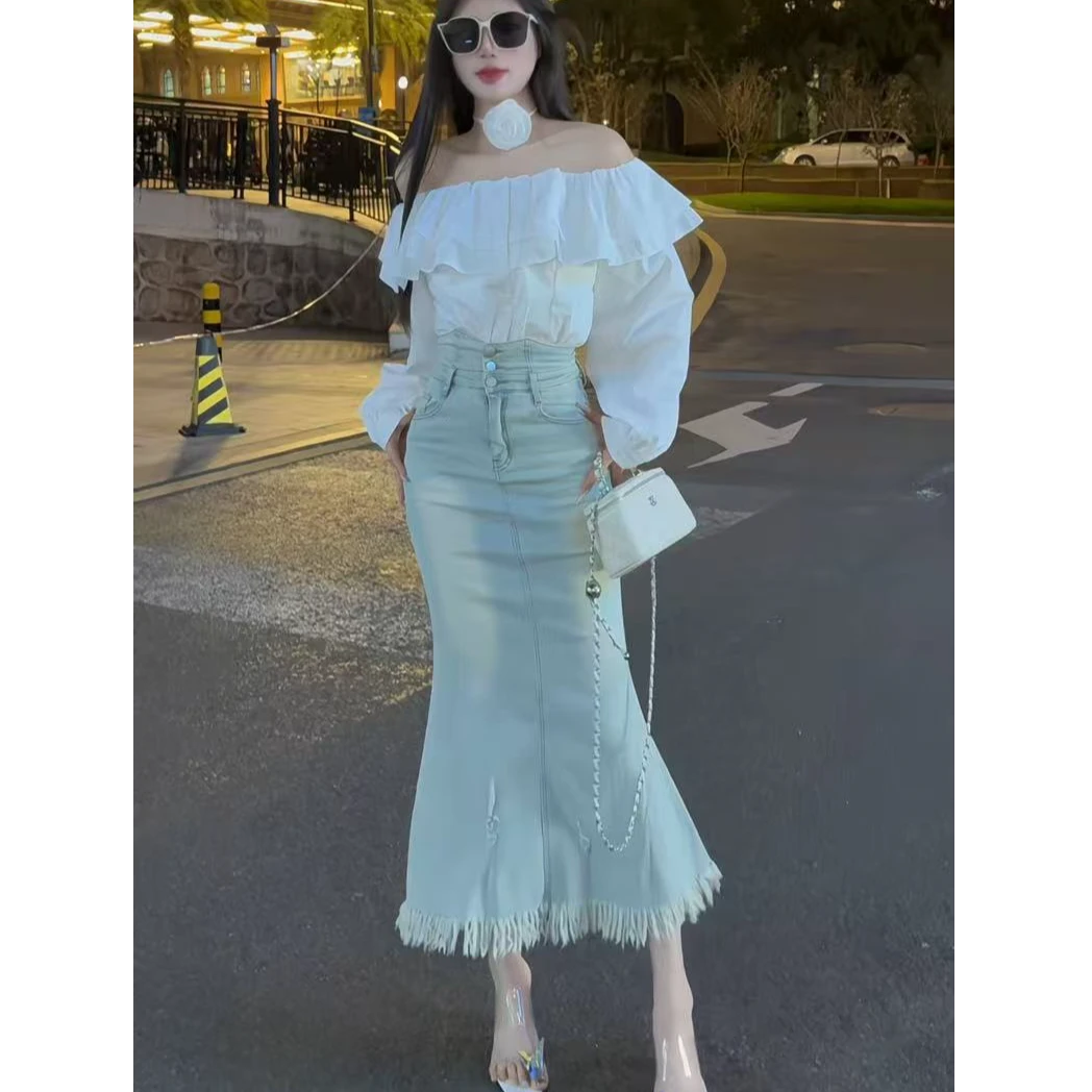 春季新款简约时尚百搭一字肩长袖上衣高腰牛仔弹力显瘦鱼尾裙