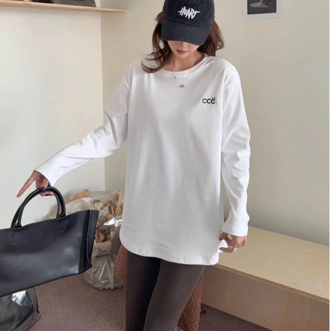 【君君家】韩版秋冬磨毛T恤女中长款白色宽松内搭刺绣c字母长袖打底
