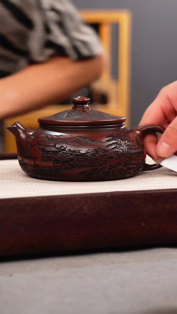 茶壶紫砂铁皮石红 大寒江 刻绘