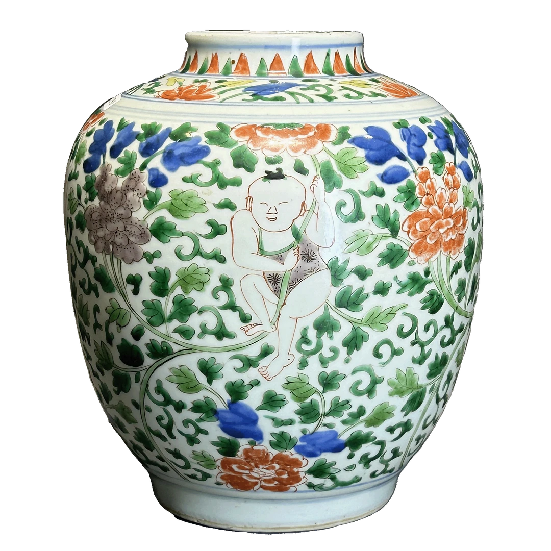 25321593x青花五彩执莲童子罐