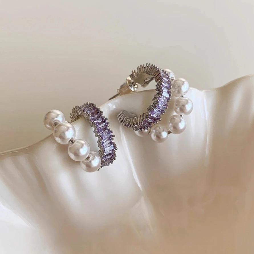 铜合金锆石耳饰 紫色锆石贝珠C圈高级感耳针精致轻奢大气银针耳环