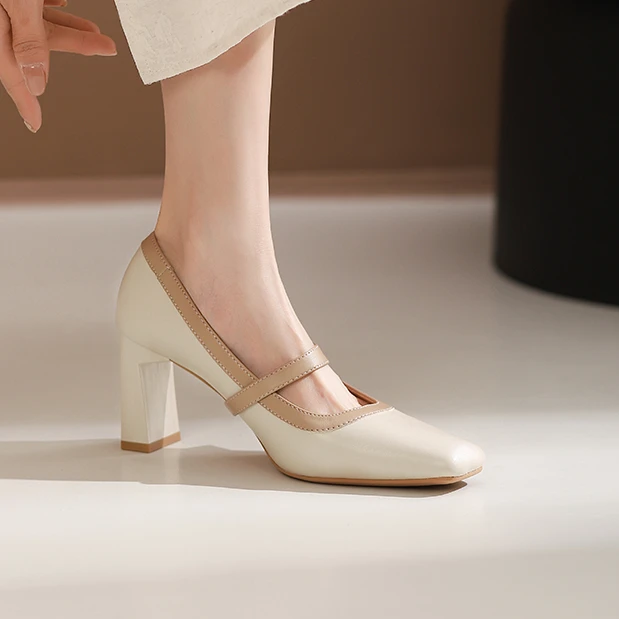 ruai/如爱【爱意满满】7/4cm跟高可选头层牛皮粗跟软底粗跟高跟鞋