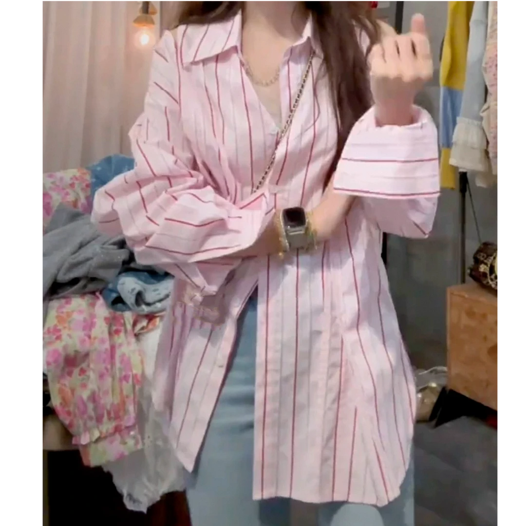 设计感露肩条纹开叉衬衫女2025新款春季时尚百搭韩系别致长袖上衣