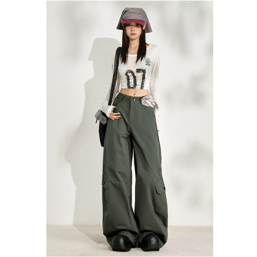 美式绿色工装休闲裤秋冬设计感口袋长裤加绒加厚阔腿裤子拖地裤