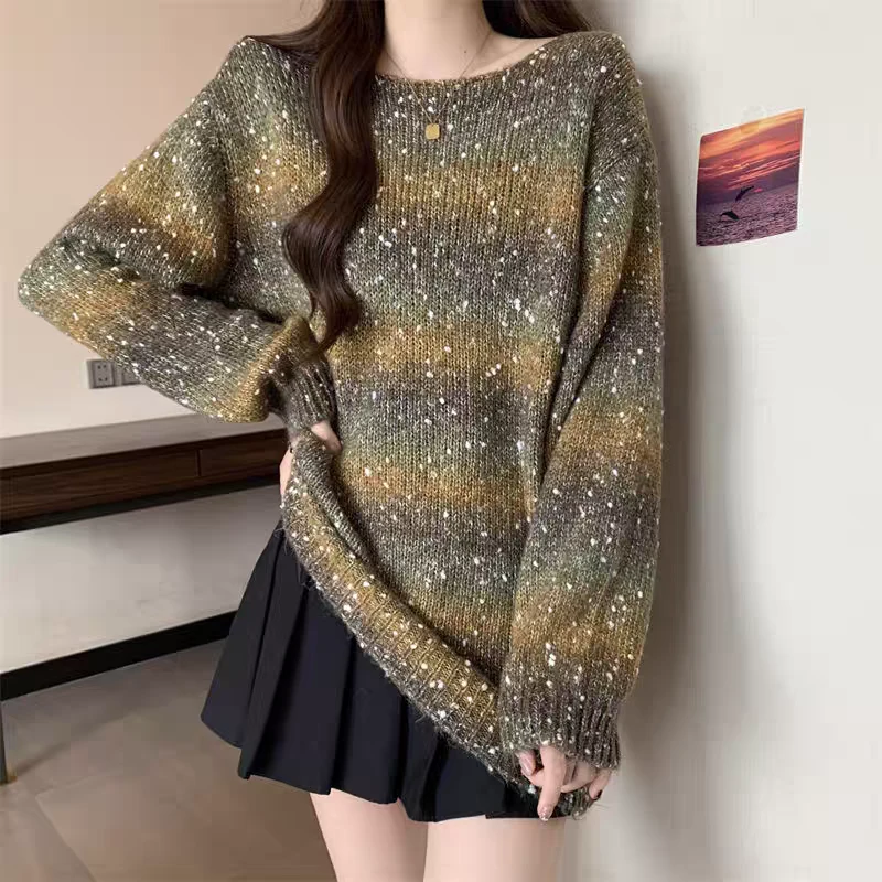 针织毛衣宽松慵懒风外穿渐变条纹针织衫毛衣女中长款星空洋气上衣