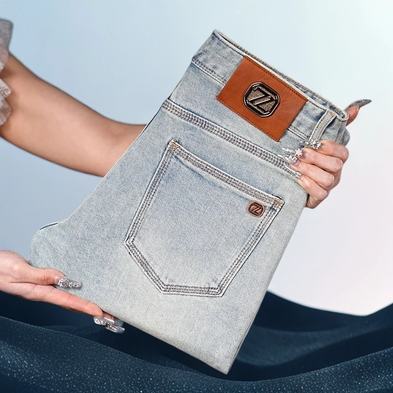 巴赛娜缇薄款浅色男士牛仔裤修身小脚弹力休闲百搭夏季男长裤子