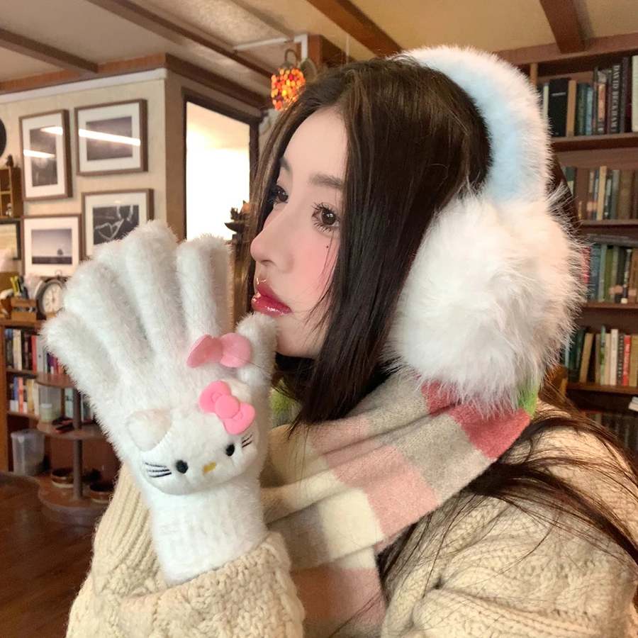 可爱卡通KT猫护手套户外骑行防风防寒保暖毛绒手套女冬季暖手套