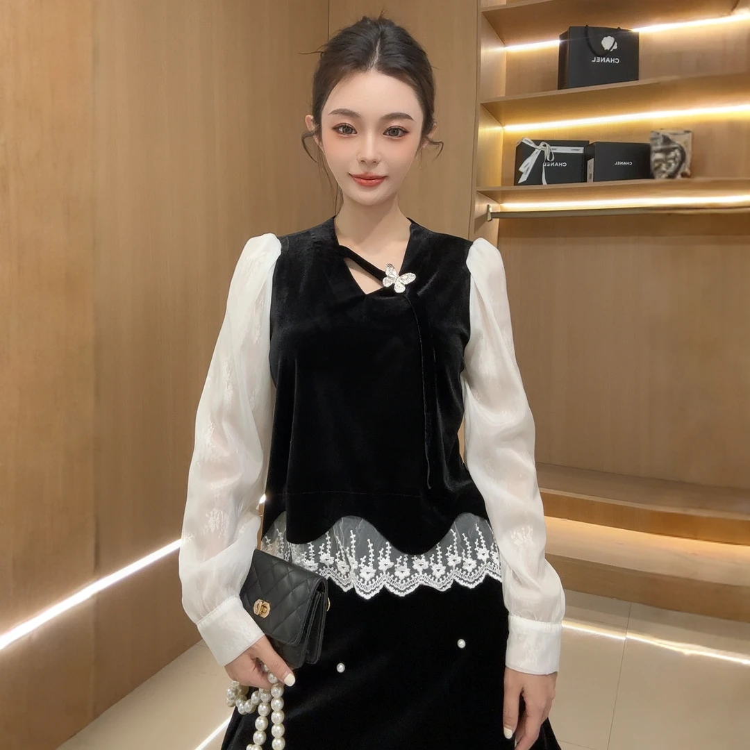 韩版十三行仙女风蕾丝花边假两件蝴蝶胸针丝绒衬衫衬衣2220