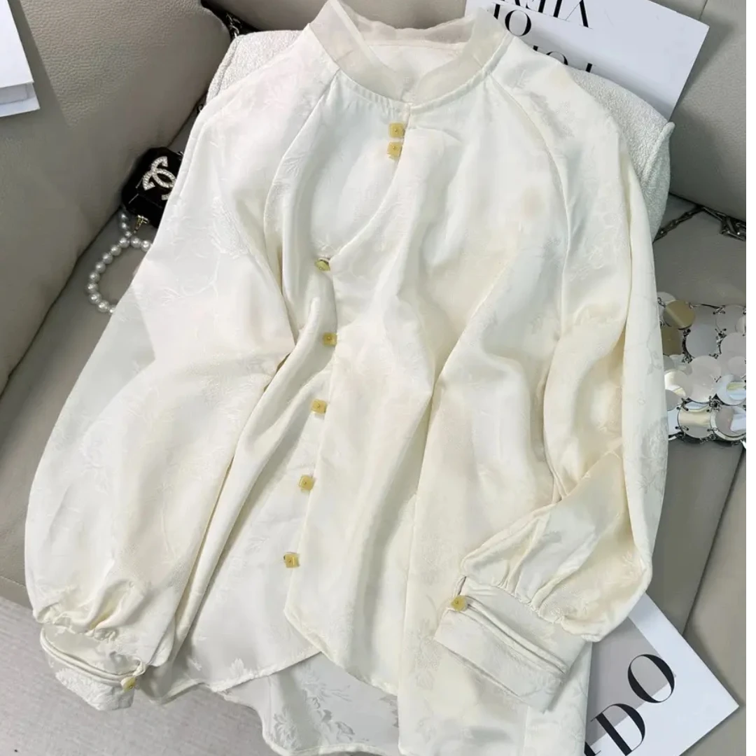 【仙女衫】中式新款立领复古气质白色提花长袖衬衫665