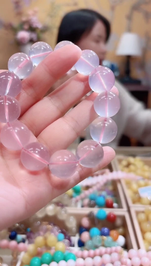 未镶嵌手串水晶14.9咪+天然粉晶，莫桑比克星光粉，天然晶体结构