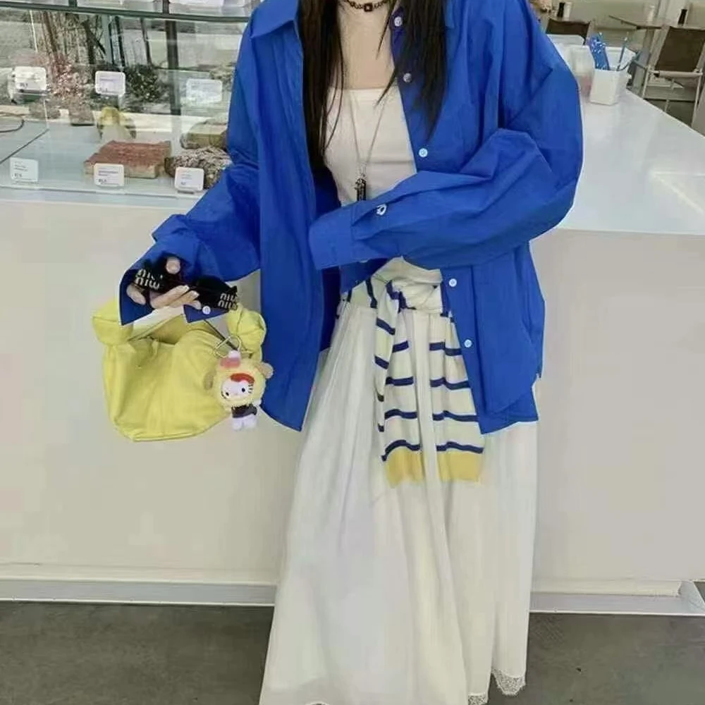 慵懒风时尚套装上衣百搭开衫显瘦宽松衬衫连衣裙韩版夏季蓝色