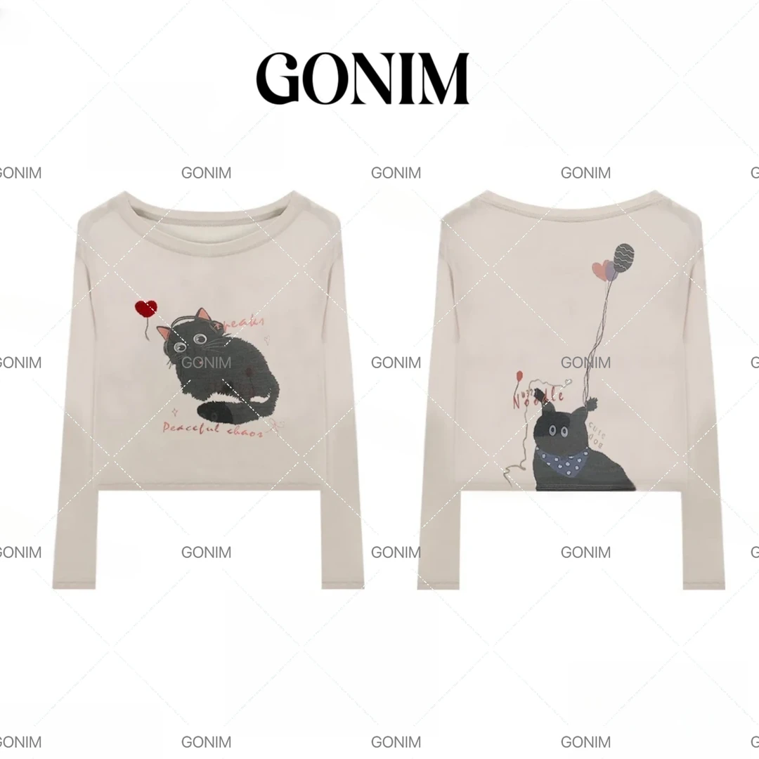 Gonim· "气球猫咪"2025早春新款卡通印花长袖减龄可爱圆领T恤女