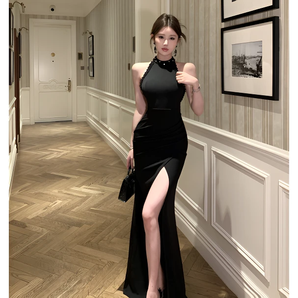 纯欲性感夏季重工订珠挂脖宴会修身显瘦鱼尾裙开叉长款包臀连衣裙