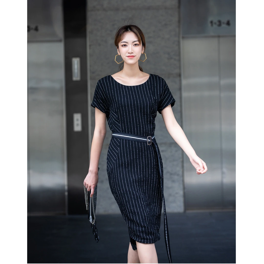 【籽言严选】夏季条纹短袖吊带连衣裙气质优雅长裙裙子AF2322222007