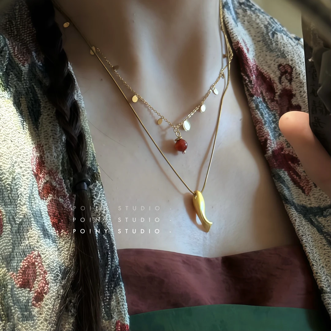 钛钢项链 金色鱼尾项链女轻奢高级不褪色钛钢锁骨链双层叠戴配饰