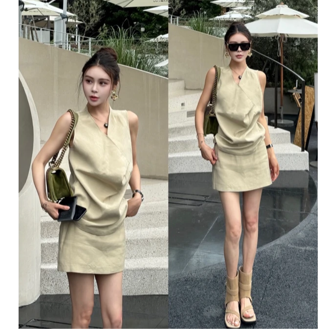 2TZ07依美丁时尚荡领设计感无袖上衣/半裙裤两件套套装