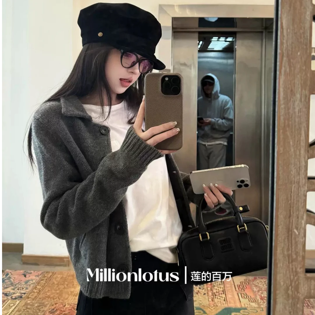 莲的百万 短款日常通勤小翻领针织开衫