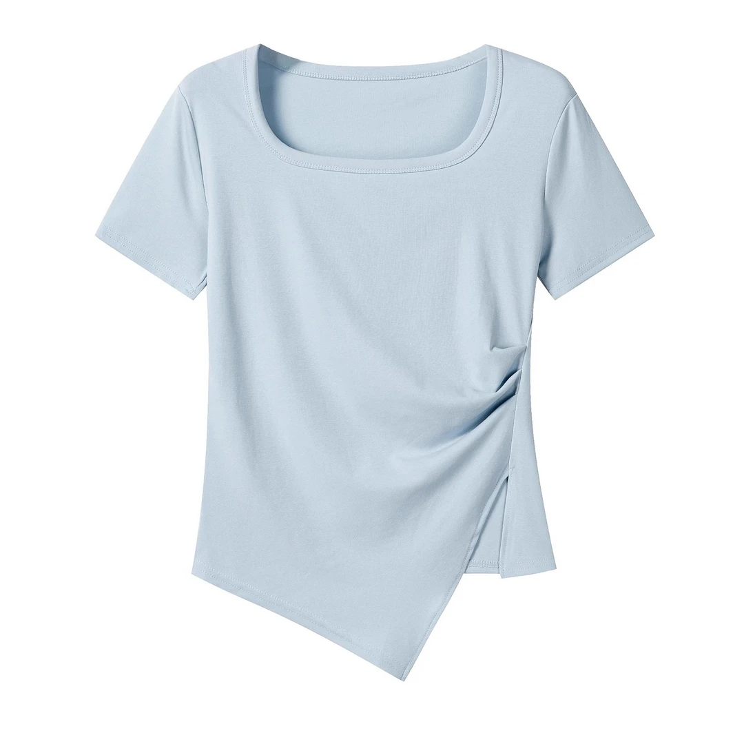 羊城故事-蓝色方领不规则短袖t恤女2025新款设计感修身上衣2918