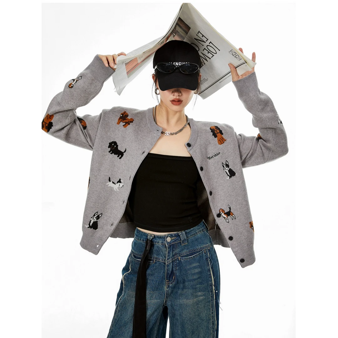 ICH MODE 美式短款针织衫开衫女春季毛衣外套上衣打底新款慵懒风