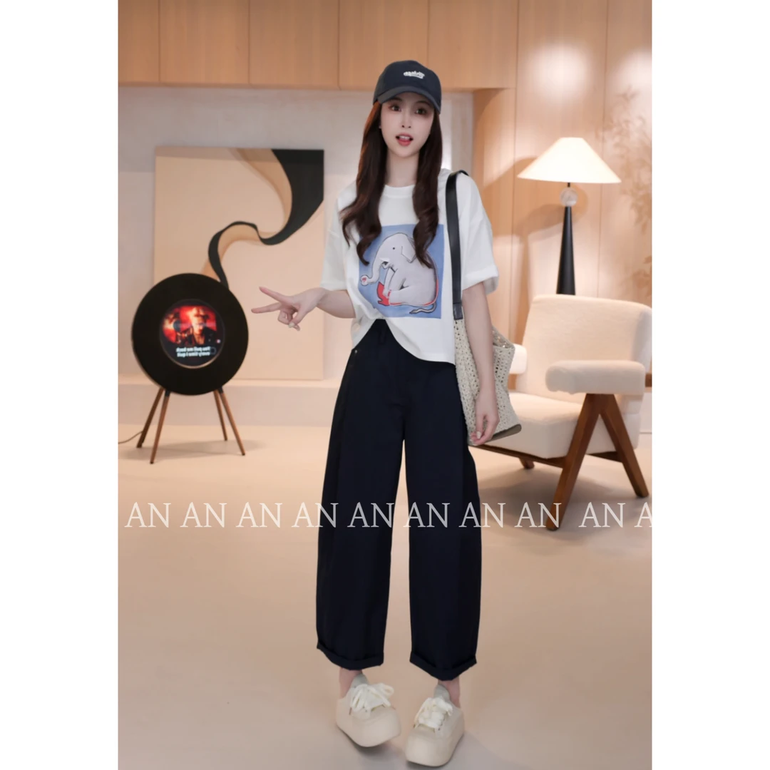 C05282设计感宽松INS潮小个子百搭圆领白色大象短袖T恤