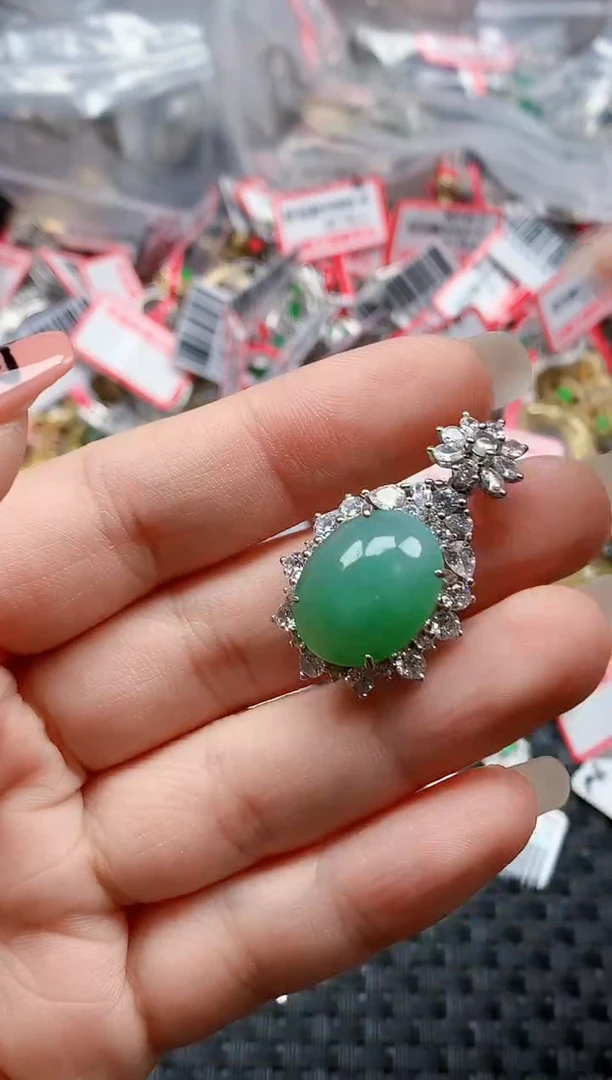 银S925镶嵌戒指翡翠天然A货缅甸翡翠
