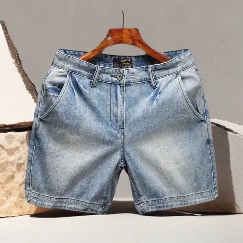 夏季美式休闲复古牛仔短裤男士男款修身直筒休闲裤薄款痞帅四分裤