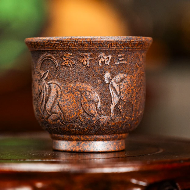 7927宜兴紫砂手工雕刻三羊开泰主人杯大号手工茶杯纯手工陶瓷茶具