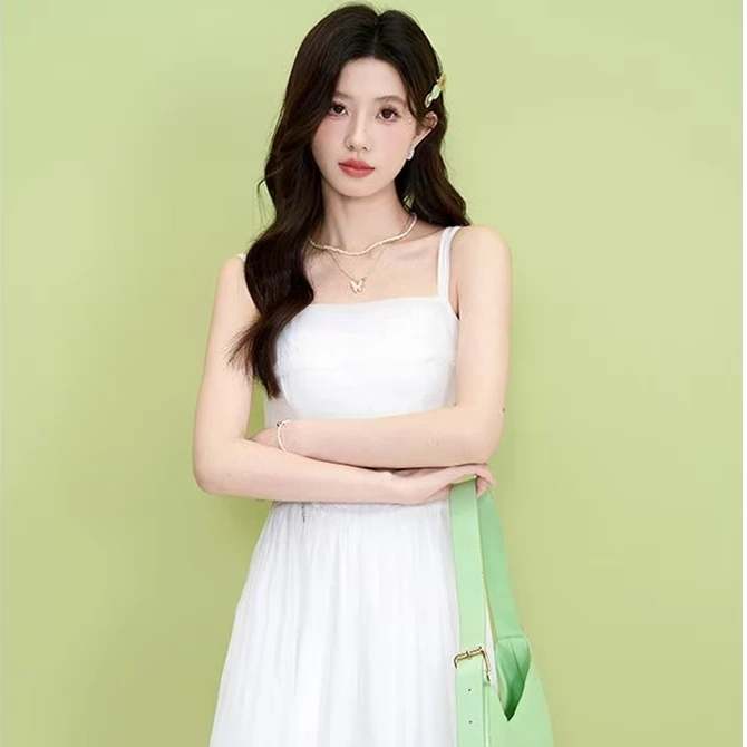 轻职风法式中国风春季吊带连衣裙百褶白色内搭显瘦纱裙气质