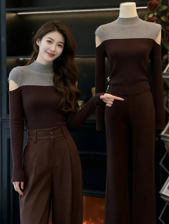 绝美巨好看早秋上衣女设计感小众气质高端掐腰咖色撞色针织打底衫