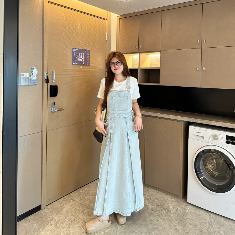 南岛风微胖大码女装夏季胖mm复古显瘦牛仔背带连衣裙ZYY501