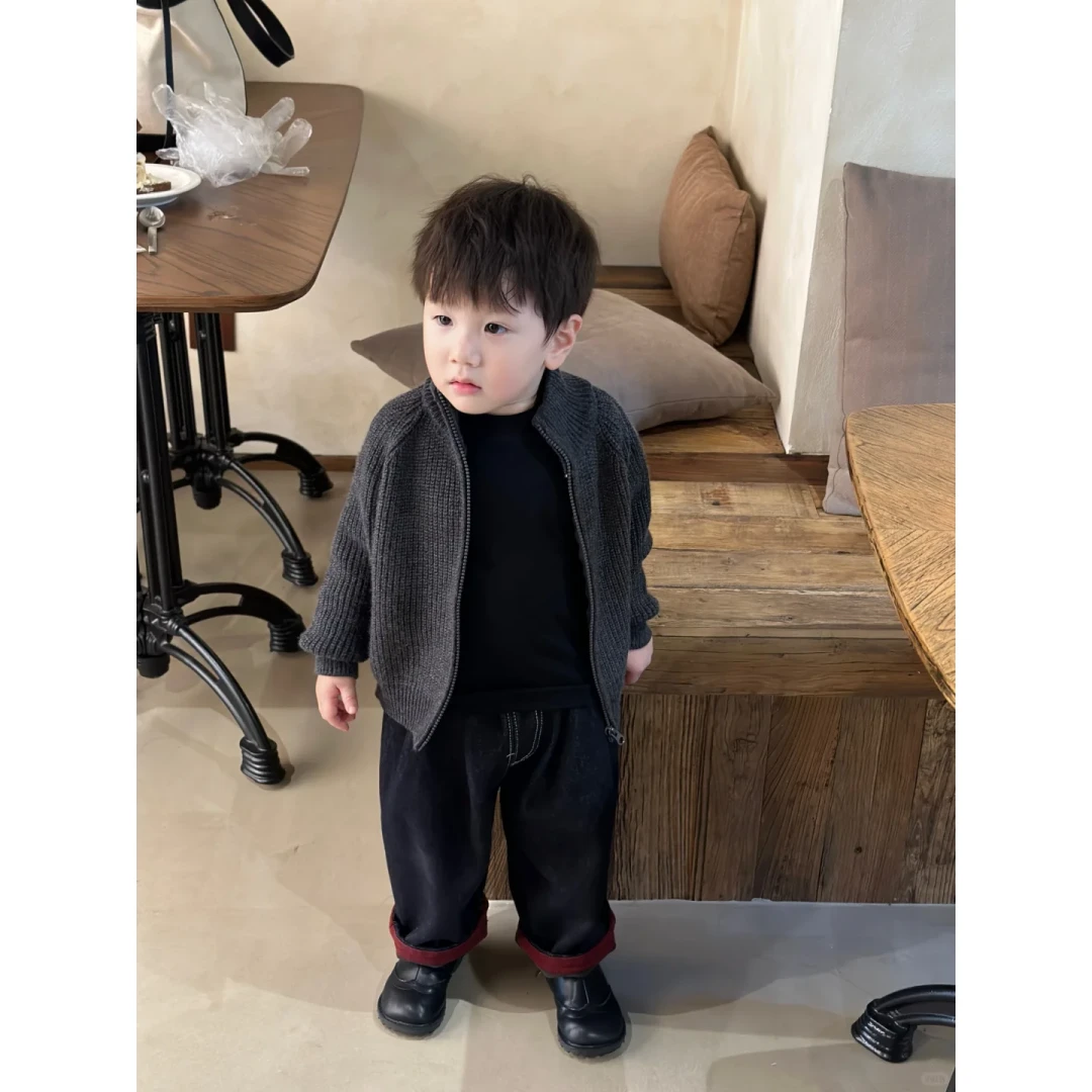 壹妈童装儿童套装秋冬新款男童洋气纯色拉链毛衣外套休闲牛仔裤