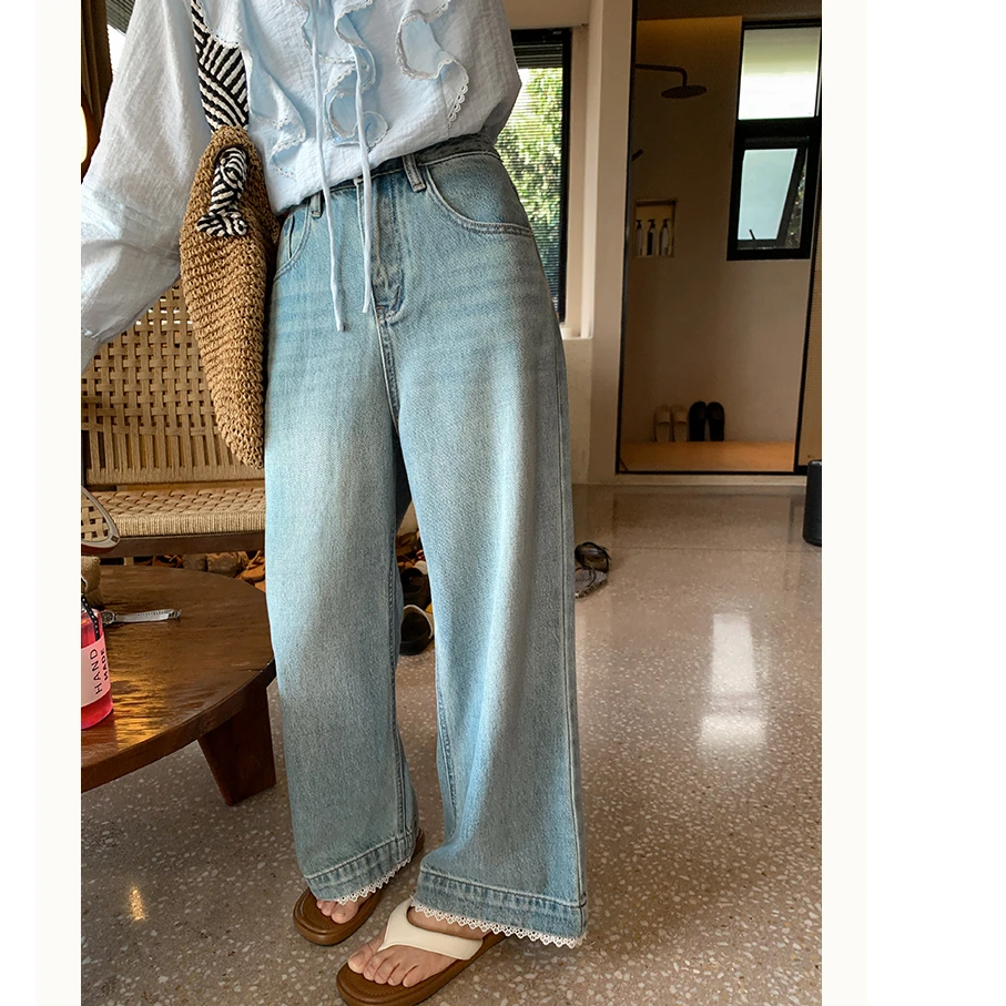 【西西里安】 春夏百搭裤~小个子精致款蕾丝花边九分牛仔裤