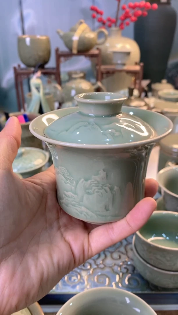 瓷片若见秘色山水二才盖碗 微瑕处理
