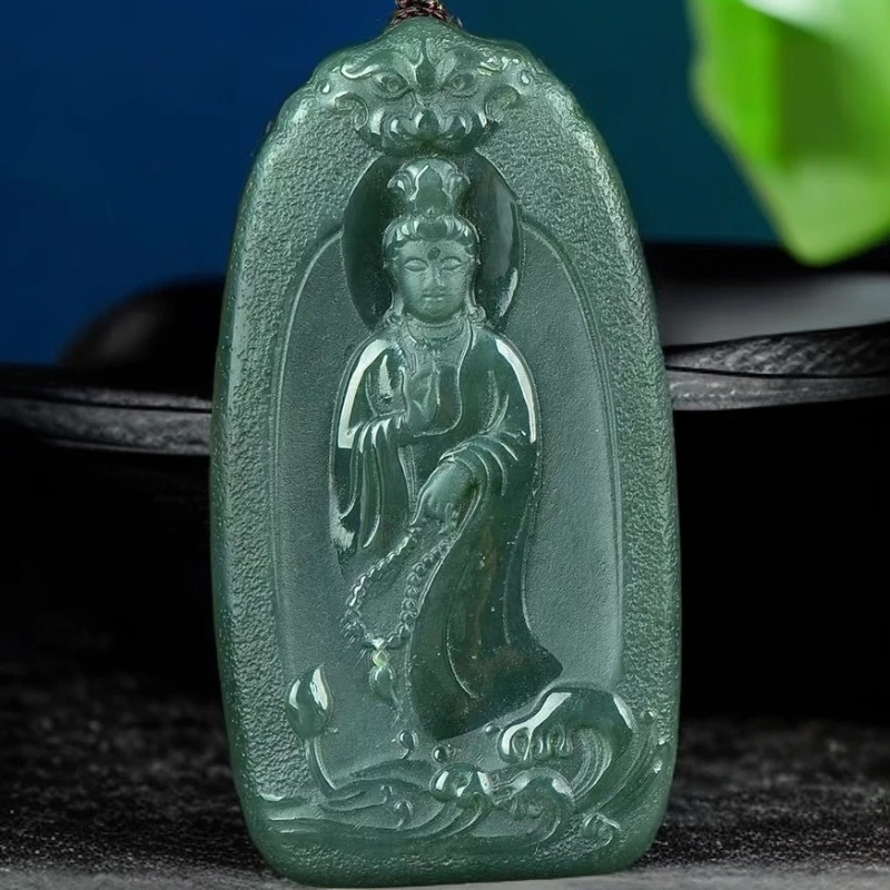 天然保真和田玉青玉观音玉佩男士佩戴双面精美雕刻吉祥保平安玉牌