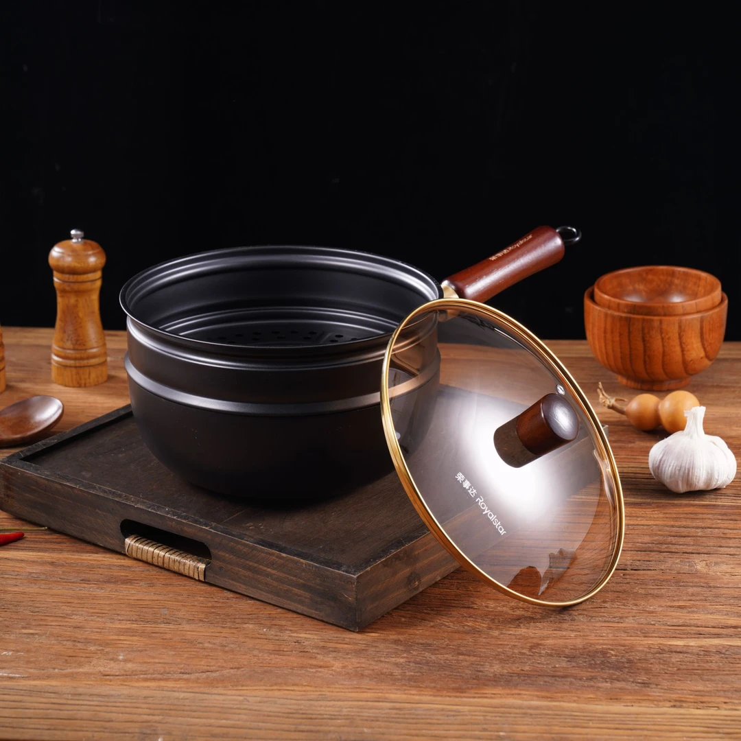 Royalstar/荣事达古法无氟涂层大肚炒锅带蒸笼Y加厚炒菜炖汤24CM